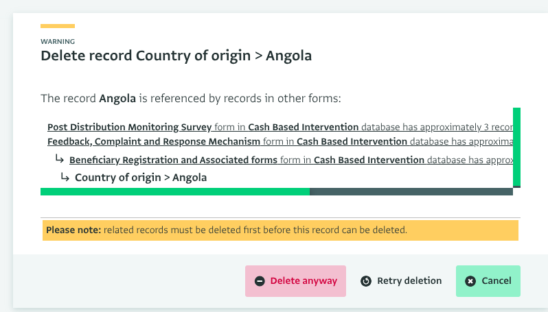Screenshot of a warning message when deleting a referenced record