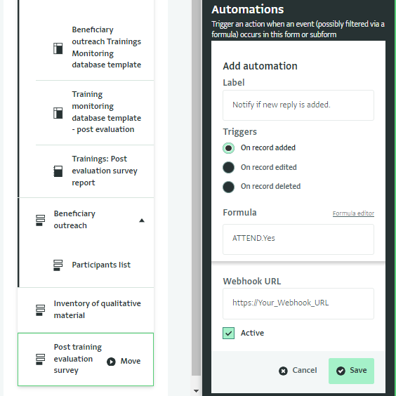 Screenshot of setting a webhook in database design