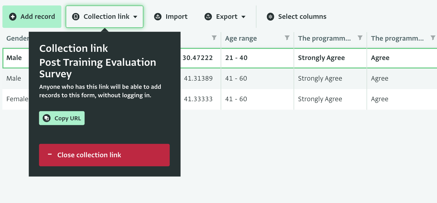 Table View: Copying a collection link