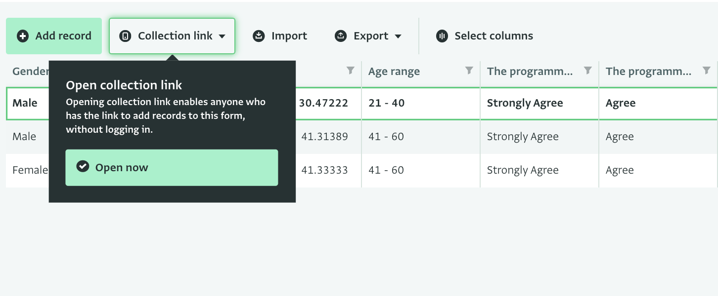 Table View: Opening a collection link to a data collection form