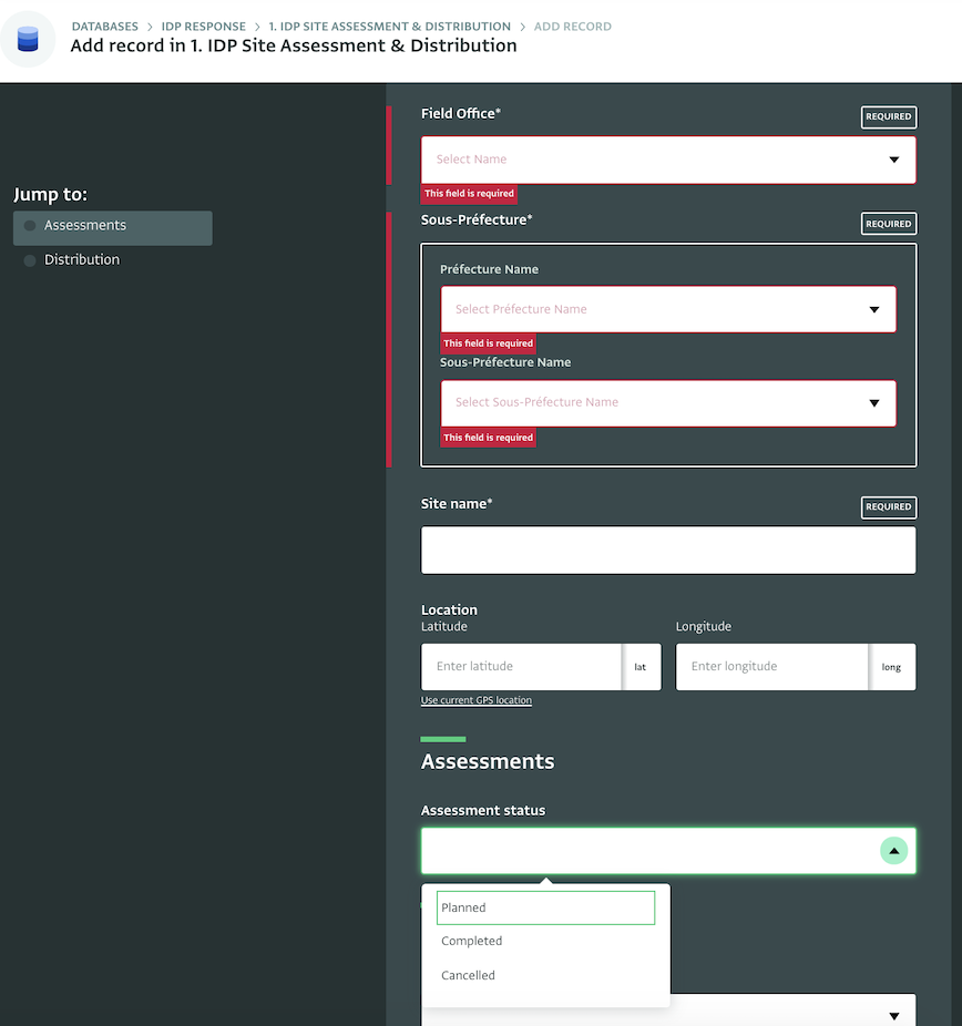 Adding records to the IDP Site Assessment & Distribution form