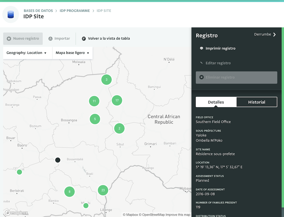 Ver los detalles de un sitio de desplazados internos en la vista de mapa