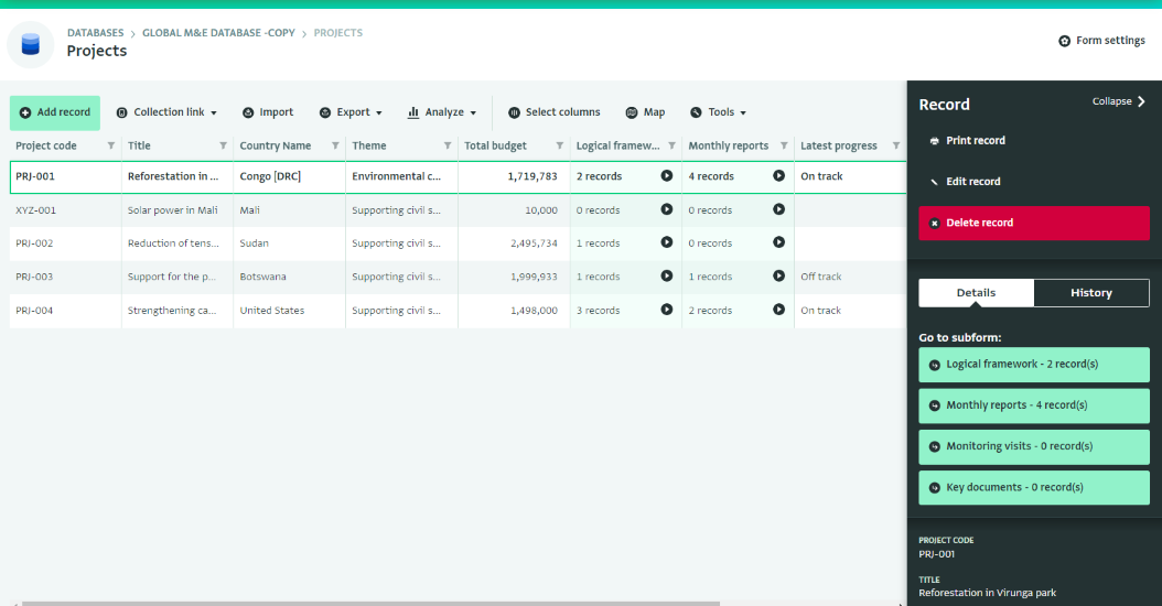 Example of an ActivityInfo database