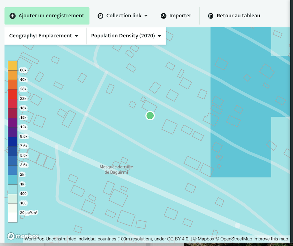 Carte de densité de population pour le formulaire des sites IDP