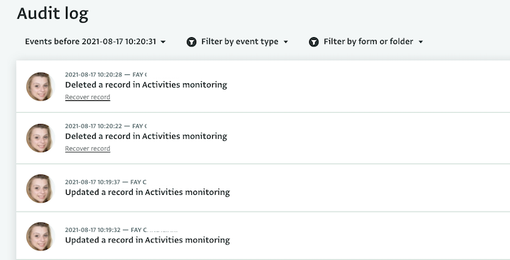 Audit log in Database settings