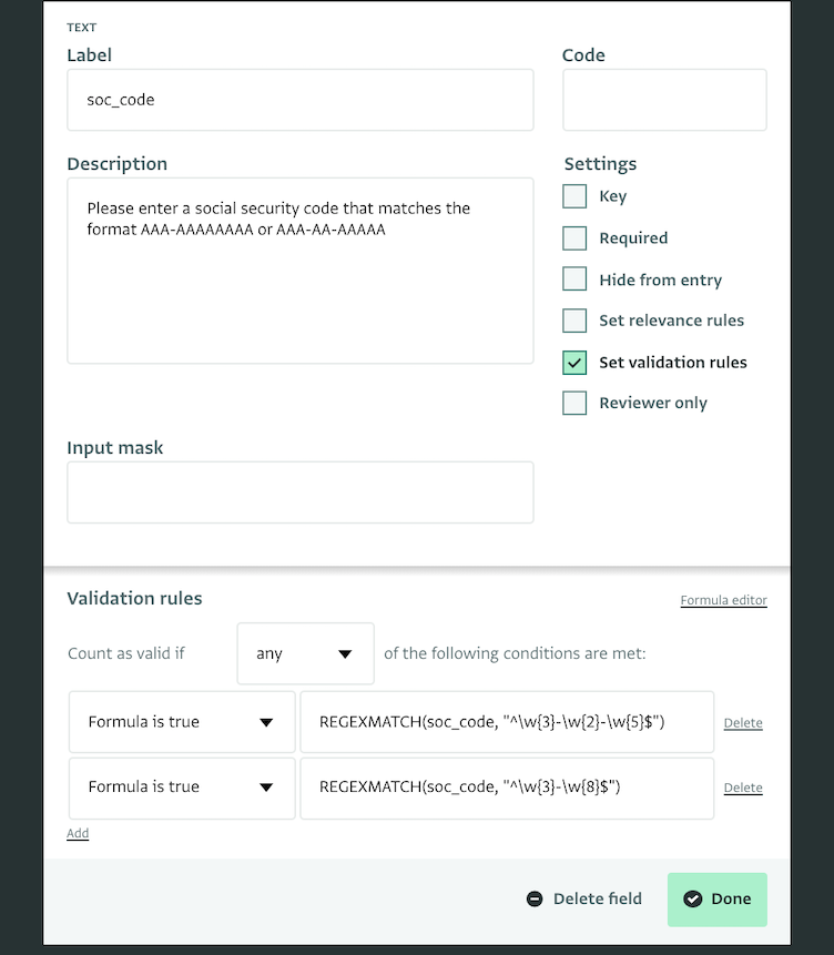 Validation rule and description field in form design