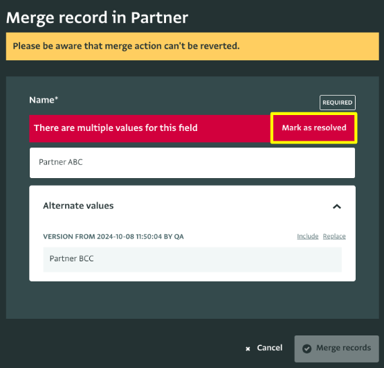 Reviewing and resolving duplicate Record Fields